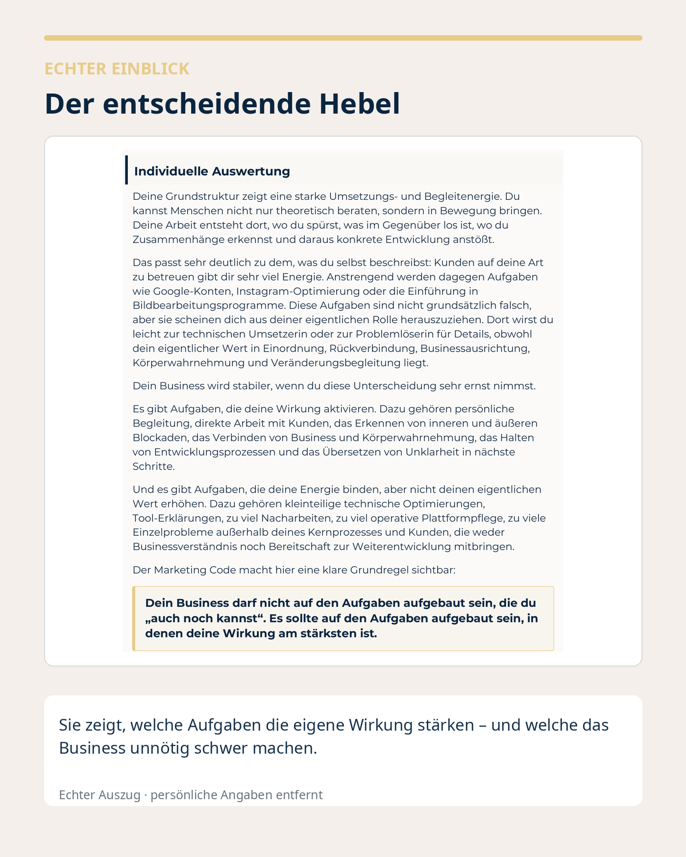 Anonymisierter Marketing-Code-Auszug: Der entscheidende Hebel zeigt, welche Aufgaben die stärkste Wirkung erzeugen und welche das Business unnötig schwer machen.