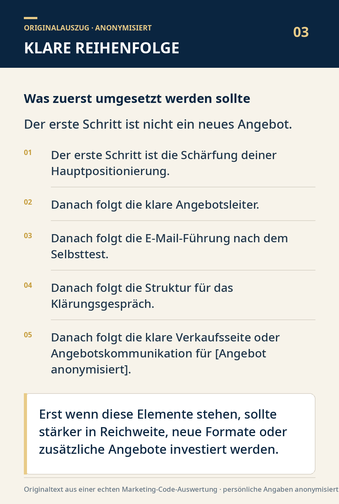 Marketing-Code Originalauszug: Klare Reihenfolge